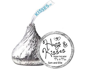 Bridal Shower Hershey Kisses® Labels, Personalized, Hugs & Kisses, Mr + Mrs Stickers, wedding favors, Wedding kisses labels, candy labels