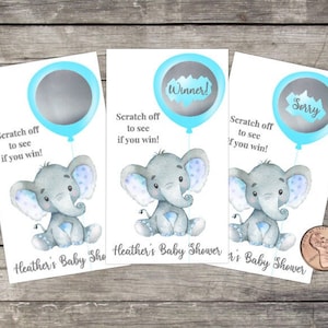 Jeu de cartes à gratter Baby Shower, Thème Bébé éléphant, Jeu de baby shower, Éléphant, Shower de bébé en ballon, Bons de loterie à gratter, Cartes de tombola