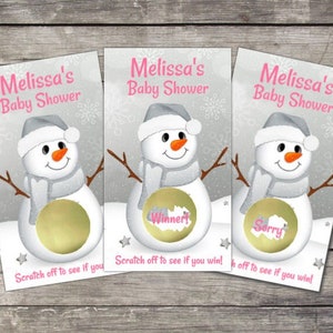 Shower de bébé fille à gratter | Jeu de Baby Shower | Thème bonhomme de neige | Pays des merveilles d'hiver | jeu de loterie | Bonhomme de neige argenté et doré