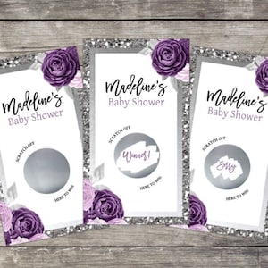 Jeu de cartes à gratter pour baby shower, floral violet noir argent scintillant, jeu de baby shower, thème fleurs, loterie à gratter, cartes de tombola