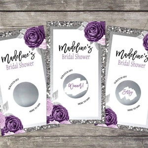 Cartes de jeu à gratter Shower nuptiale, fleurs violettes noires argentées, jeu de douche, thème fleurs, loterie à gratter, cartes de tombola