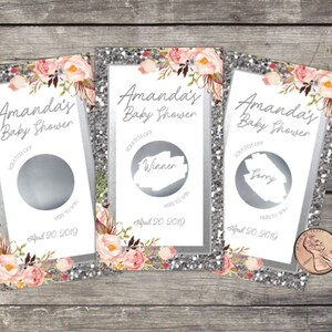 Jeu de cartes à gratter pour baby shower, 10 carats, paillettes argentées florales, jeu de baby shower, fleurs, baby shower, loterie à gratter, cartes de tombola