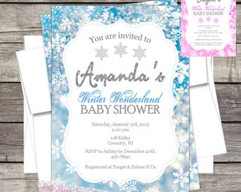 Winter Wonderland, Baby Shower Invitation, Personalized for your Event, Blue or Pink snowflakes, Holiday baby shower, Christmas baby, snow