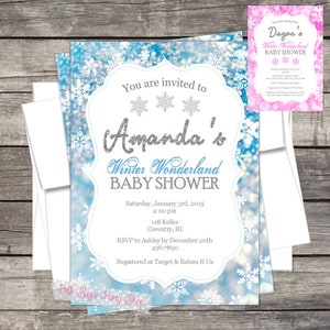 Winter Wonderland, Baby Shower Invitation, Personalized for your Event, Blue or Pink snowflakes, Holiday baby shower, Christmas baby, snow image 1