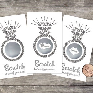 Cartes de jeu à gratter pour la douche nuptiale, 10 carats, cadeau de douche, loterie à gratter, jeu de douche, shower de mariage, paillettes argentées, bague en diamant