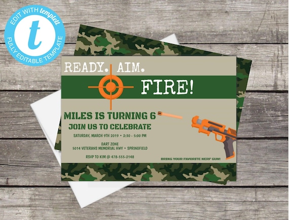 Nerf War Birthday Party Invitation, INSTANT DOWNLOAD, EDITABLE, Dart Gun, kids party, camouflage, children's birthday, birthday, Templett Il_570xn