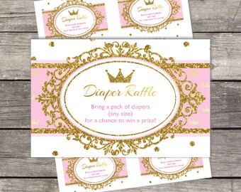Lotterikort för blöjor från Royal Princess: Rosa, Guld, Glitter (digital nedladdning för utskrift)