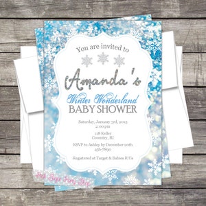 Winter Wonderland, Baby Shower Invitation, Personalized for your Event, Blue or Pink snowflakes, Holiday baby shower, Christmas baby, snow image 3