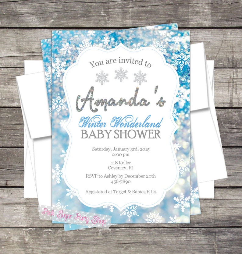 Winter Wonderland, Baby Shower Invitation, Personalized for your Event, Blue or Pink snowflakes, Holiday baby shower, Christmas baby, snow image 3