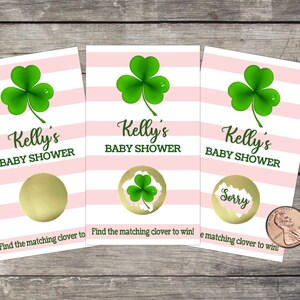 St Patrick's Day Baby Shower Scratch Off Game Cards, 10ct, Four leaf clover Theme, Irish baby shower, St Patrick's Day, Lottery Scratch offs Pink stripes