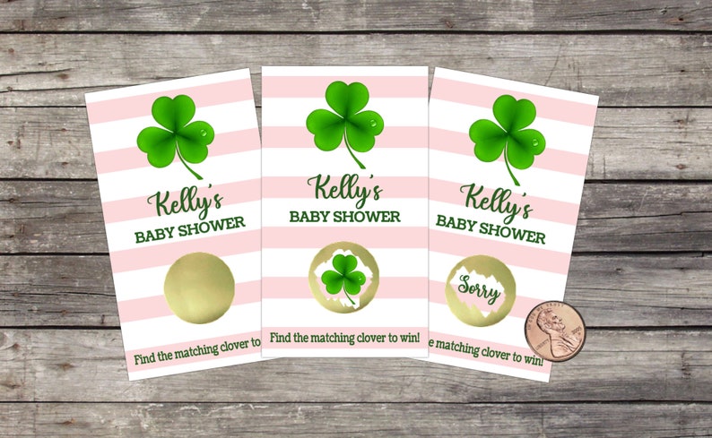 St Patrick's Day Baby Shower Scratch Off Game Cards, 10ct, Four leaf clover Theme, Irish baby shower, St Patrick's Day, Lottery Scratch offs Pink stripes