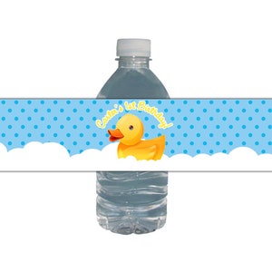 Rubber Duck Water Labels Birthday Party Blue or Pink Polka Dots Rubber Ducky Waterproof Bottle Labels Rubber Duck Birthday Ducky image 1