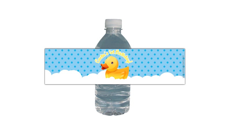 Rubber Duck Water Labels Birthday Party Blue or Pink Polka Dots Rubber Ducky Waterproof Bottle Labels Rubber Duck Birthday Ducky image 1