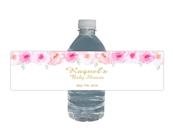 Baby Shower Water labels, Floral Pink Roses, Drink Bottle Labels, Pink, Gold Glitter, Roses, Baby shower decor, Baby Girl, pink flowers