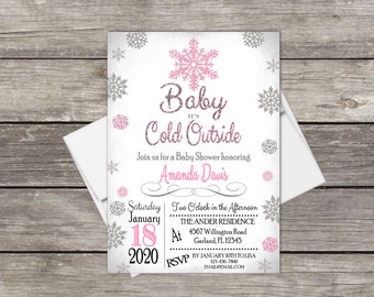 Winter Wonderland, Baby Shower Invitation, Pink Silver snowflakes, Holiday baby shower, Christmas baby, Baby it's cold outside, baby girl