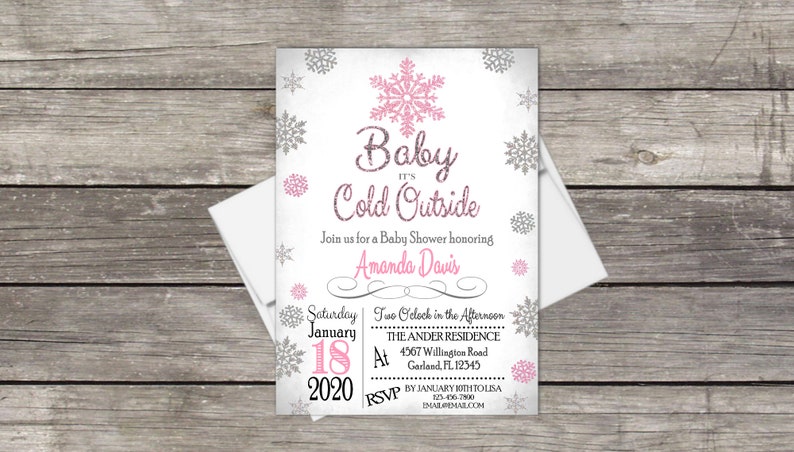 Winter Wonderland, Baby Shower Invitation, Pink Silver snowflakes, Holiday baby shower, Christmas baby, Baby it's cold outside, baby girl image 1