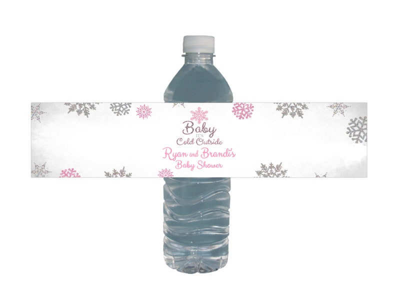 Baby It's Cold Outside Water bottle labels 100% Waterproof peel and stick Winter Wonderland Baby shower Pink & Silver Glitter image 1