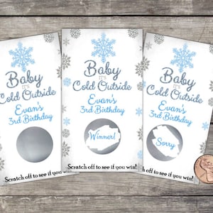 Baby It&#39;s Cold Outside Birthday Party Scratch Offs, Party Game, Winter Wonderland birthday, scratch off tickets, Blue Silver, Snowflakes