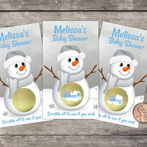 Baby Boy Shower Scratch Off Baby Shower Game Snowman Theme Winter Wonderland lottery party game Silver and Gold Snowman Snowwoman image 2