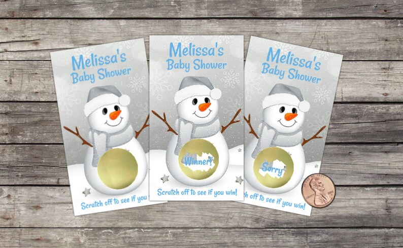 Baby Boy Shower Scratch Off Baby Shower Game Snowman Theme Winter Wonderland lottery party game Silver and Gold Snowman Snowwoman image 2