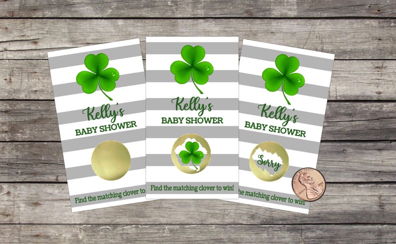 St Patrick's Day Baby Shower Scratch Off Game Cards, 10ct, Four leaf clover Theme, Irish baby shower, St Patrick's Day, Lottery Scratch offs Gray stripes