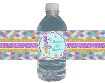 Mermaid Baby Shower, Water Bottle Labels, Gold Glitter Purple Glitter, Waterproof Bottle Labels, Mermaid Baby Shower, Mermaid Baby Sprinkle