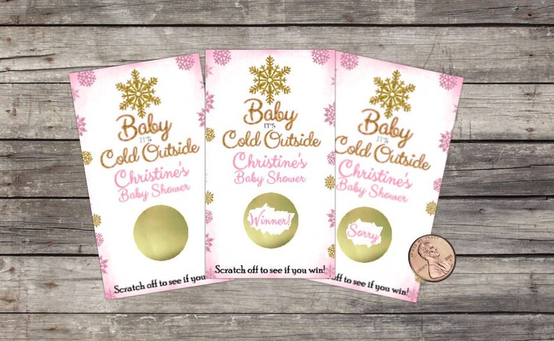 Baby Shower Kratzer Rosa und Gold Schneeflocken Baby Shower Spiel Baby es ist kalt draußen Winterwunderland Lotto Partyspiel Bild 1