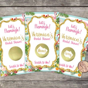 10 Flamingo Scratch Off Game Cards, Bridal Shower, Floral, Shower Favor, lottery scratch off, jeu de douche nuptiale, paillettes d’or, Flamingle