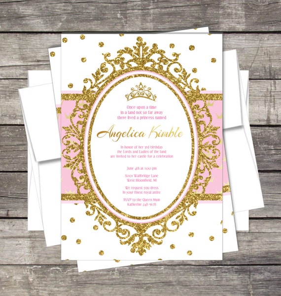 Princess Birthday Invitation Gold Glitter Crown Kids Birthday
