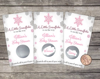 Baby Shower Scratch Off, Shower Game, A Little Snowflake, Winter Wonderland, party game, scratch offs, lottery, Pink Silver, Snowflakes