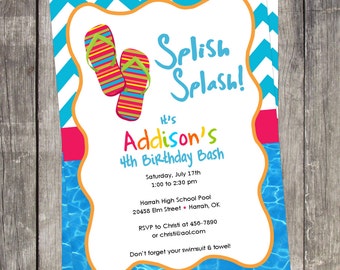 Pool Party, Beach Birthday Invitation, Flip Flops, Customized for your Event, Birthday Party, kids party, summer party invitation, pool