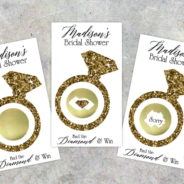 Bridal Shower Scratch Off Game Cards | 10ct Glitter Diamond Ring, Shower Favor, lottery scratch off, bridal game, gold, silver, D2