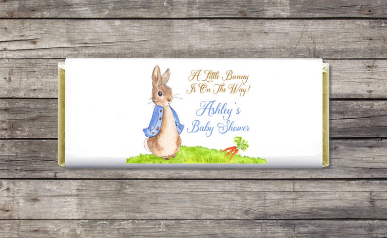 Baby Shower Candy bar Wrapper & Foil, Peter Rabbit Theme, Gold Foil, Rabbit Baby shower Favor, Baby Shower decor, custom candy wrapper image 1