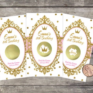 Fête d'anniversaire de princesse, jeux à gratter, jeu de fête d'anniversaire, cartes de loterie (10 cts), PERSONNALISÉES, paillettes d'or, anniversaire royal, princesse