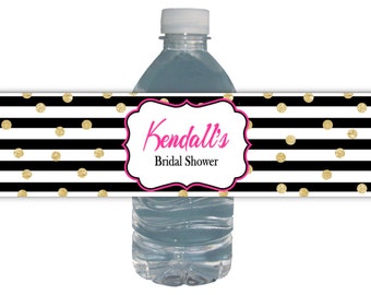 Bridal Shower Water bottle labels, PERSONALIZED, waterproof labels, bridal shower, birthday party, baby shower, gold glitter, polka dots