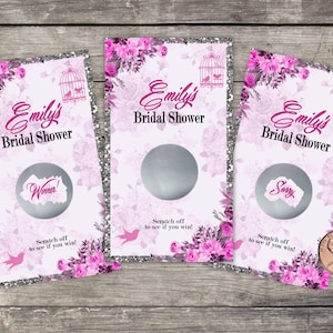 Cartes de jeu à gratter pour la douche nuptiale, 10 carats, cage à oiseaux rose florale, cadeau de douche, loterie à gratter, jeu de douche nuptiale, paillettes argentées