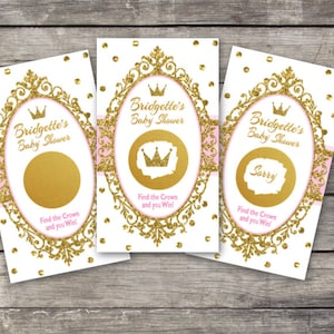 Cartes de jeu à gratter Princess Gold Glitter Crown Baby Shower, 10 carats, billets à gratter, cartes de loterie de fête, tombola royale de baby shower