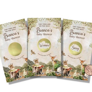 Cartes de jeu à gratter pour baby shower, animaux de la forêt des bois, loterie à gratter, cartes de tombola, bébés animaux, jeu de douche, thème bois