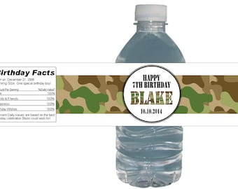 Camouflage Birthday Party Water Bottle Labels: Military Army Theme