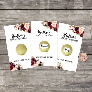 Bridal Shower Scratch Off Cartes de jeu, Automne, 10ct, Faveur, loterie scratch off, jeu de douche nuptiale, Fleurs rustiques florales, Roses, Automne, Hiver