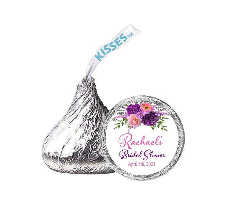 Bridal Shower Hershey Kisses® Labels, Personalized, Floral Pink & Purple, wedding favors, Wedding kisses labels, candy labels, Flowers image 1