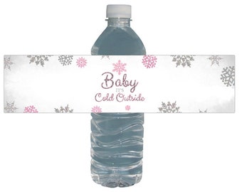 Baby It's Cold Outside Water Labels | Winter Wonderland | Pink & Silver Glitter | Baby Shower | Birthday Party | Waterproof Bottle Labels