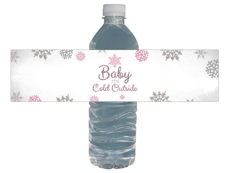 Baby It's Cold Outside Water Labels Winter Wonderland Pink & Silver Glitter Baby Shower Birthday Party Waterproof Bottle Labels image 1