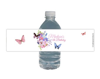 Butterflies Birthday Party, Water Bottle Labels, Enchanted Garden, Butterfly, PERSONALIZED, Waterproof, birthday, party favors, floral