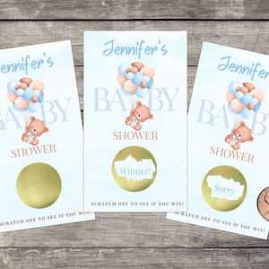 Jeu de cartes à gratter pour baby shower ours ballons, 10 cartes ct, thème ballons garçon ours, loterie à gratter, cartes de tombola, fête d'anniversaire