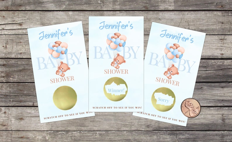 Bear Balloons Baby Shower Scratch Off Game Cards, 10 card ct, Boy Bear Balloons Theme, Lottery Scratch offs, Raffle Cards, birthday party image 1