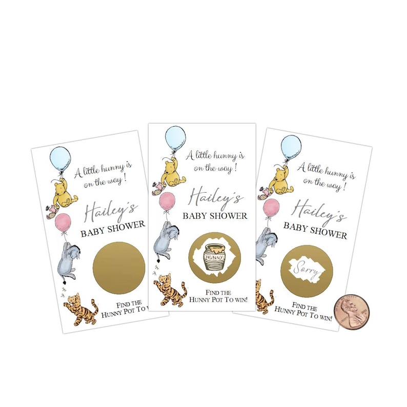 May include: Three baby shower scratch-off cards with Winnie the Pooh illustrations. Each card features a blue balloon, a pink balloon, and the text "A little hunny is on the way!" and "Hailey's BABY SHOWER."