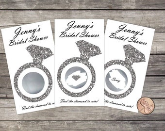 Bridal Shower Scratch Off Game Cards, 10ct, Glitter Diamond Ring, Shower Favor, lottery scratch off, bridal shower game, silver, gold