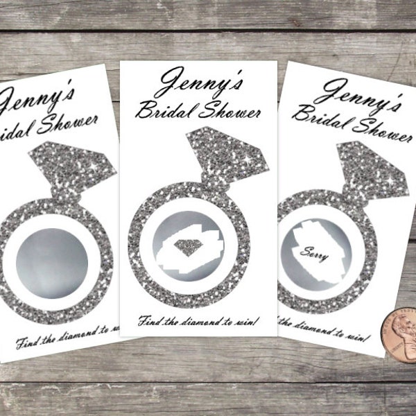 Bridal Shower Scratch Off Game Cards, 10ct, Glitter Diamond Ring, Shower Favor, lottery scratch off, bridal shower game, silver, gold