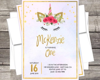 Unicorn Birthday Party Invitation, Gold Glitter, Floral, Customized for your Birthday Party, unicorn,